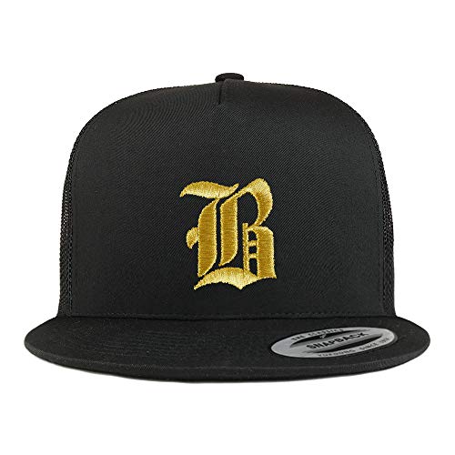 Trendy Apparel Shop Old English Gold B Embroidered 5 Panel Flatbill Trucker Mesh Cap
