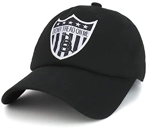 Trendy Apparel Shop Don't Tread on Me Black and White Shield Patch Baseball Cap