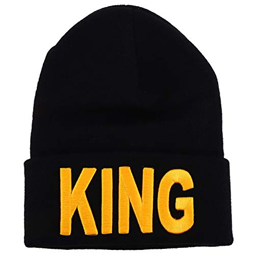 Trendy Apparel Shop 3D King and Queen Embroidered Winter Cuff Folded Long Beanie