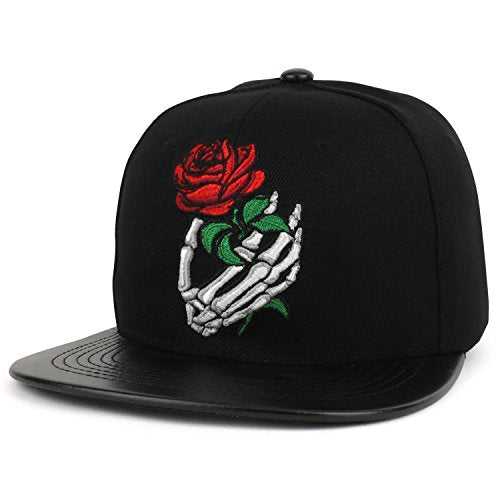 Trendy Apparel Shop Rose Skull Hand Embroidered PU Flat Bill Snapback Cap