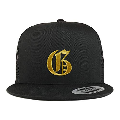 Trendy Apparel Shop Old English Gold G Embroidered 5 Panel Flatbill Trucker Mesh Cap