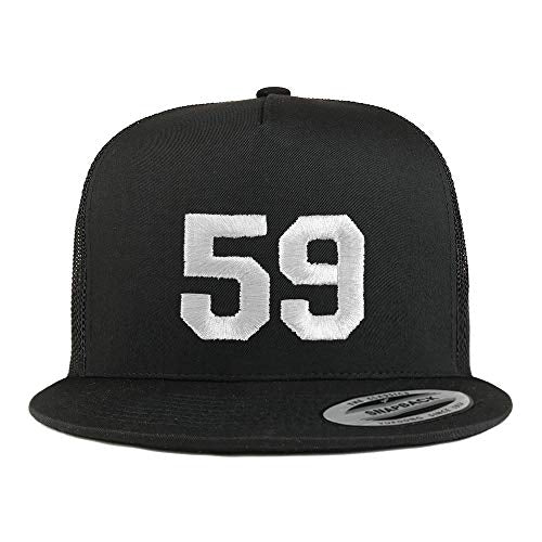 Trendy Apparel Shop Number 59 White Thread Embroidered Flat Bill 5 Panel Trucker Cap