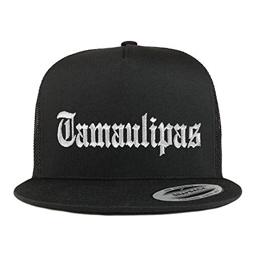 Trendy Apparel Shop Old English Tamaulipas White Embroidered 5 Panel Flatbill Trucker Mesh Cap