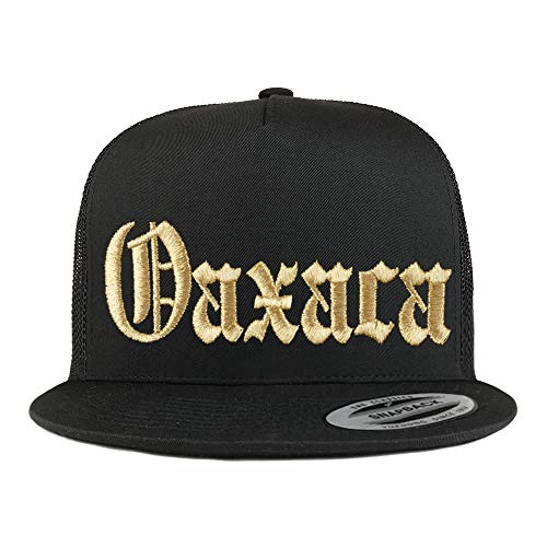 Trendy Apparel Shop Old English Oaxaca Gold Embroidered 5 Panel Flatbill Trucker Mesh Cap