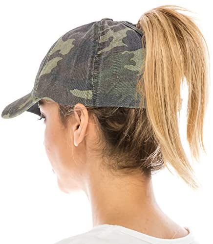 Trendy Apparel Shop Ladies Military Cotton Ponytails Camo Frayed Baseball Cap - CAMO