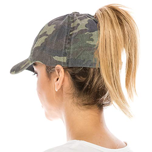 Trendy Apparel Shop Ladies Military Cotton Ponytails Camo Frayed Baseball Cap - CAMO