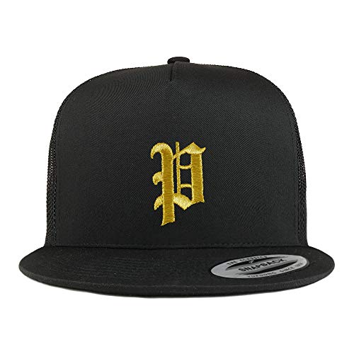 Trendy Apparel Shop Old English Gold P Embroidered 5 Panel Flatbill Trucker Mesh Cap