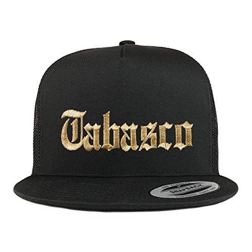 Trendy Apparel Shop Old English Tabasco Gold Embroidered 5 Panel Flatbill Trucker Mesh Cap