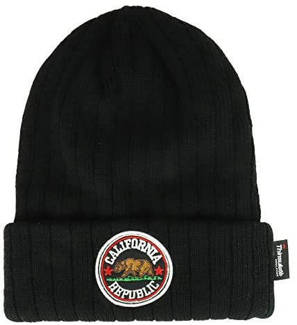 Trendy Apparel Shop Round California Republic Bear Patch Embroidered 3M Thinsulate Fleece Lined Ribbed Cuff Beanie- Black
