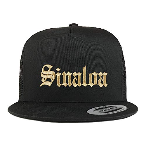 Trendy Apparel Shop Old English Sinaloa Gold Embroidered 5 Panel Flatbill Trucker Mesh Cap