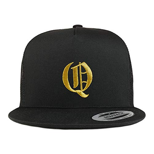 Trendy Apparel Shop Old English Gold Q Embroidered 5 Panel Flatbill Trucker Mesh Cap