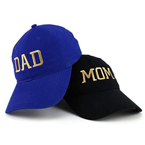 Trendy Apparel Shop Capital Gold Thread Mom and Dad Soft Cotton 2 Pc Cap Set