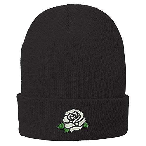 Trendy Apparel Shop Single White Rose Embroidered Winter Knitted Long Beanie