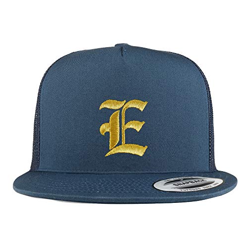 Trendy Apparel Shop Old English Gold E Embroidered 5 Panel Flatbill Trucker Mesh Cap
