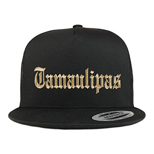 Trendy Apparel Shop Old English Tamaulipas Gold Embroidered 5 Panel Flatbill Trucker Mesh Cap