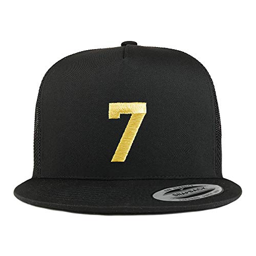 Trendy Apparel Shop Number 7 Gold Thread Embroidered Flat Bill 5 Panel Trucker Cap