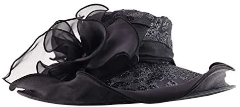 Trendy Apparel Shop Glitter Leaves Pattern Ruffled Brim Fashion Organza Hat