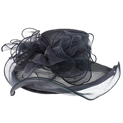 Trendy Apparel Shop Big Brim Pleated Rhinestone Brooch Flower Organza Hat