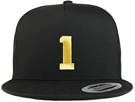 Trendy Apparel Shop Number 1 Gold Thread Embroidered Flat Bill 5 Panel Trucker Cap
