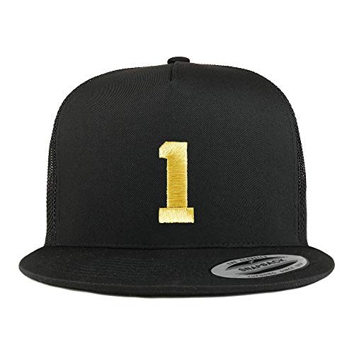 Trendy Apparel Shop Number 1 Gold Thread Embroidered Flat Bill 5 Panel Trucker Cap