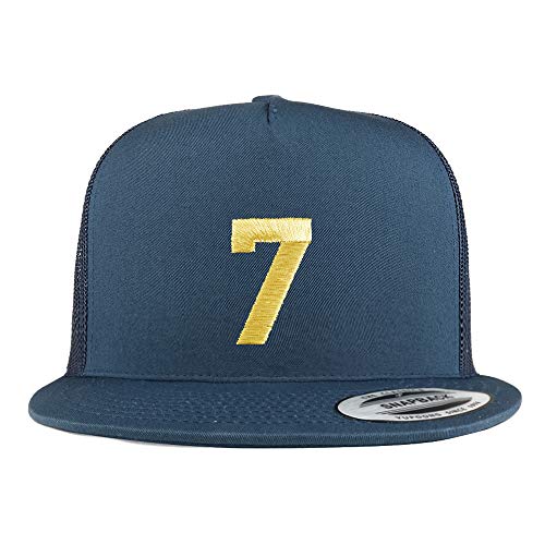 Trendy Apparel Shop Number 7 Gold Thread Embroidered Flat Bill 5 Panel Trucker Cap