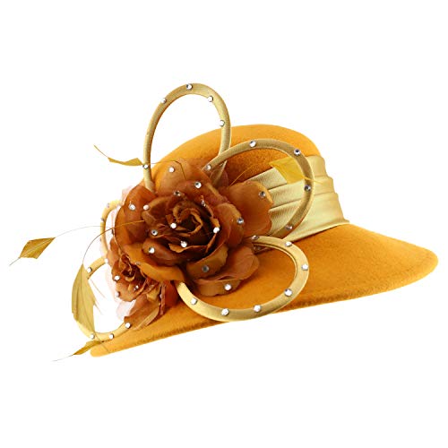 Trendy Apparel Shop Wool Dress Hat with Stones Loop Trim Feathers Satin Band