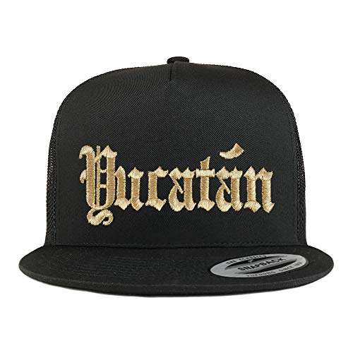 Trendy Apparel Shop Old English Yucatan Gold Embroidered 5 Panel Flatbill Trucker Mesh Cap