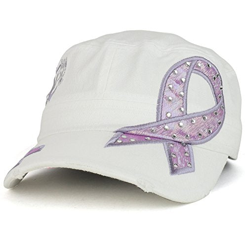 Trendy Apparel Shop Cancers Awareness Lavender Ribbon Embroidered Flat Top Style Army Cap