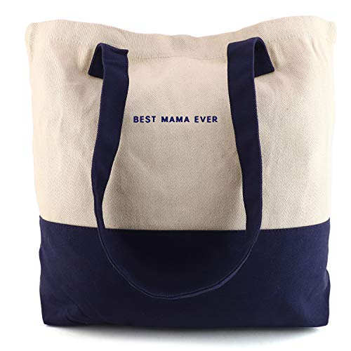 Trendy Apparel Shop Best Mama Ever Embroidred Colorblock Cotton Twill Large Tote Bag