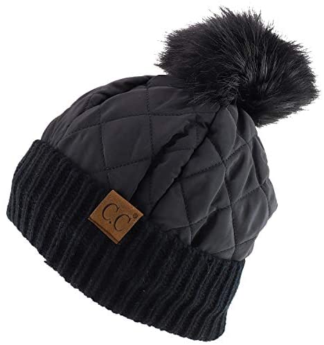 Trendy Apparel Shop Fur Pom Quilted Puffer Knit Cuff Beanie Hat