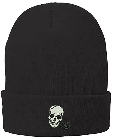 Trendy Apparel Shop Small Skull with Rose Embroidered Winter Knit Long Beanie
