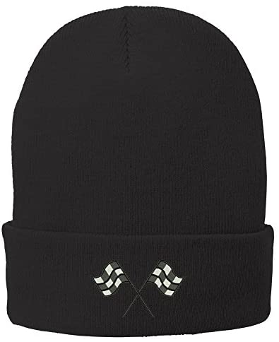 Trendy Apparel Shop Racing Flag Embroidered Winter Folded Long Beanie