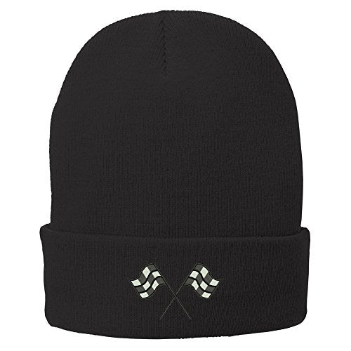 Trendy Apparel Shop Racing Flag Embroidered Winter Folded Long Beanie