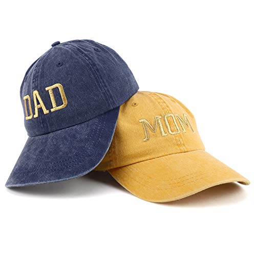 Trendy Apparel Shop Capital Gold Thread Mom and Dad Pigment Dyed 2 Pc Cap Set