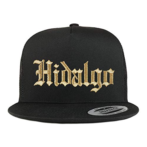 Trendy Apparel Shop Old English Hidalgo Gold Embroidered 5 Panel Flatbill Trucker Mesh Cap