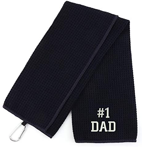 Trendy Apparel Shop Number #1 Dad Embroidered Trifold Waffle Textured Microfiber Gold Towel with Carabiner