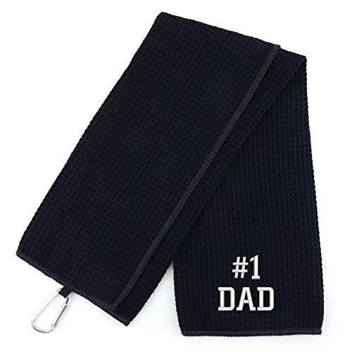 Trendy Apparel Shop Number #1 Dad Embroidered Trifold Waffle Textured Microfiber Gold Towel with Carabiner