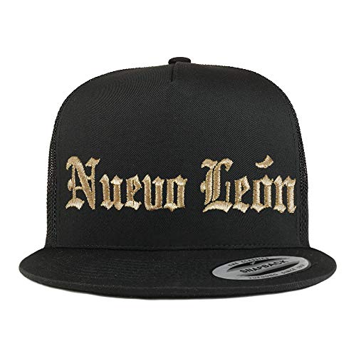 Trendy Apparel Shop Old English Nuevo Leon Gold Embroidered 5 Panel Flatbill Trucker Mesh Cap