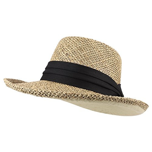 Trendy Apparel Shop Seagrass Straw Mesh Gambler Hat with Black Hat Band - Natural