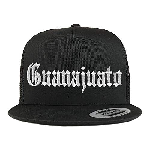 Trendy Apparel Shop Old English Guanajuato White Embroidered 5 Panel Flatbill Trucker Mesh Cap