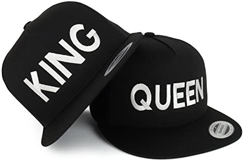 Trendy Apparel Shop King and Queen Embroidered 5 Panel Flat Bill Mesh Cap