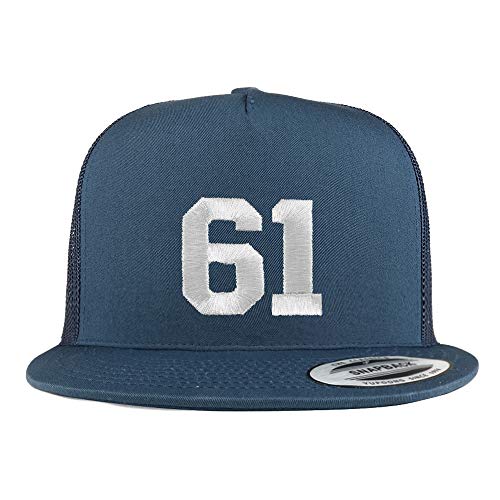 Trendy Apparel Shop Number 61 White Thread Embroidered Flat Bill 5 Panel Trucker Cap