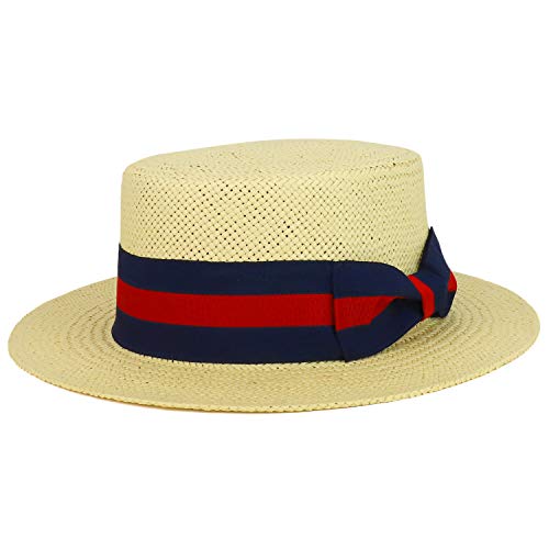 Trendy Apparel Shop Striped Grosgrain Ribbon Band Straw Fashion Boater Hat