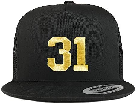 Trendy Apparel Shop Number 31 Gold Thread Embroidered Flat Bill 5 Panel Trucker Cap