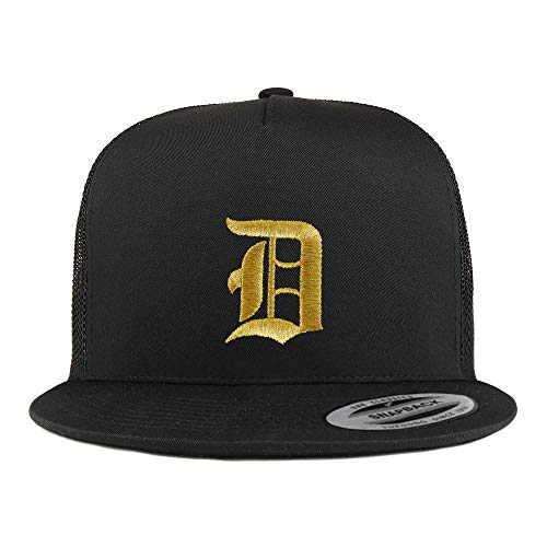 Trendy Apparel Shop Old English Gold 'D' Embroidered 5-Panel Flatbill Trucker Cap - Black, One Size