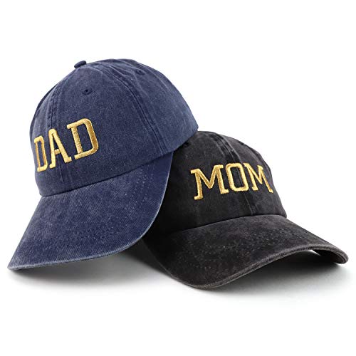 Trendy Apparel Shop Capital Gold Thread Mom and Dad Pigment Dyed 2 Pc Cap Set