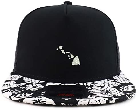 Trendy Apparel Shop Hawaii State Map Embroidered Floral Bill Mesh Snapback Cap - Black