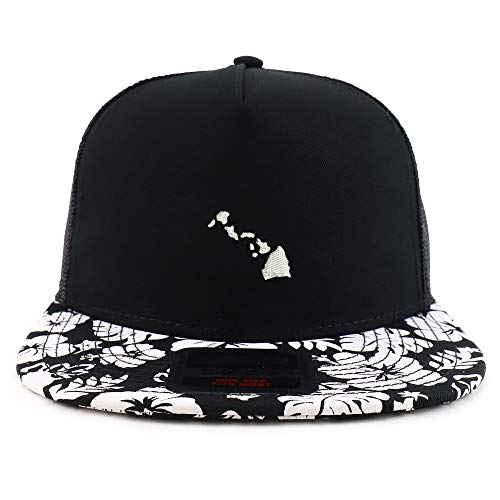 Trendy Apparel Shop Hawaii State Map Embroidered Floral Bill Mesh Snapback Cap - Black