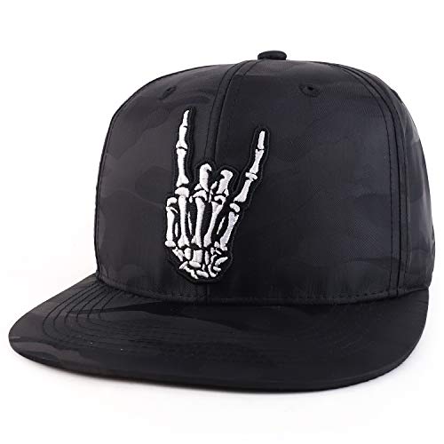 Trendy Apparel Shop Skeleton Finger Embroidered Camo Satin Flatbill Baseball Cap