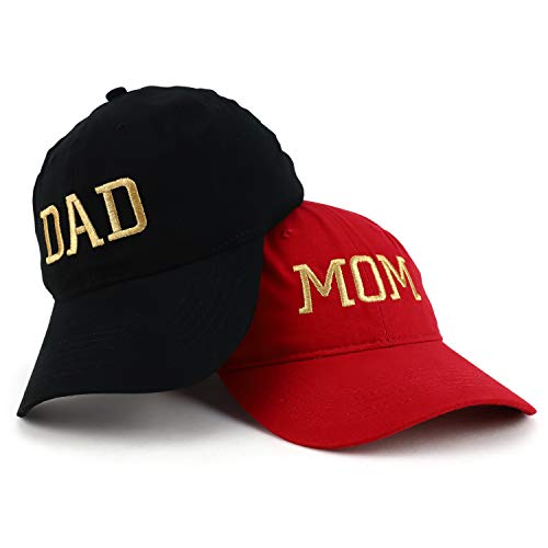 Trendy Apparel Shop Capital Gold Thread Mom and Dad Soft Cotton 2 Pc Cap Set